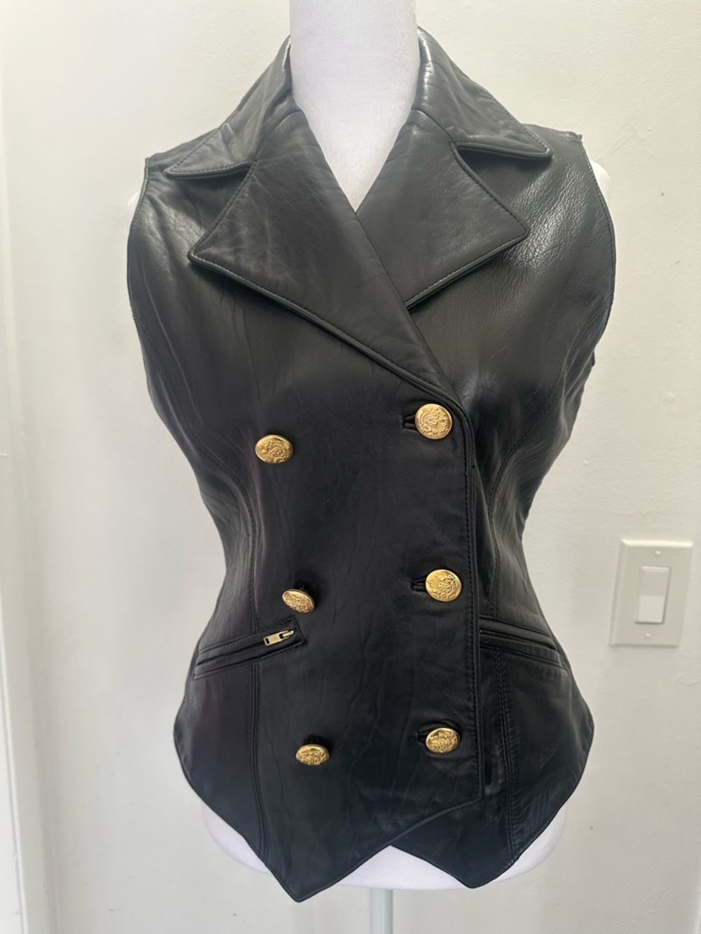 BB Dakota Black Leather Double-Breasted Vest with Gold Buttons